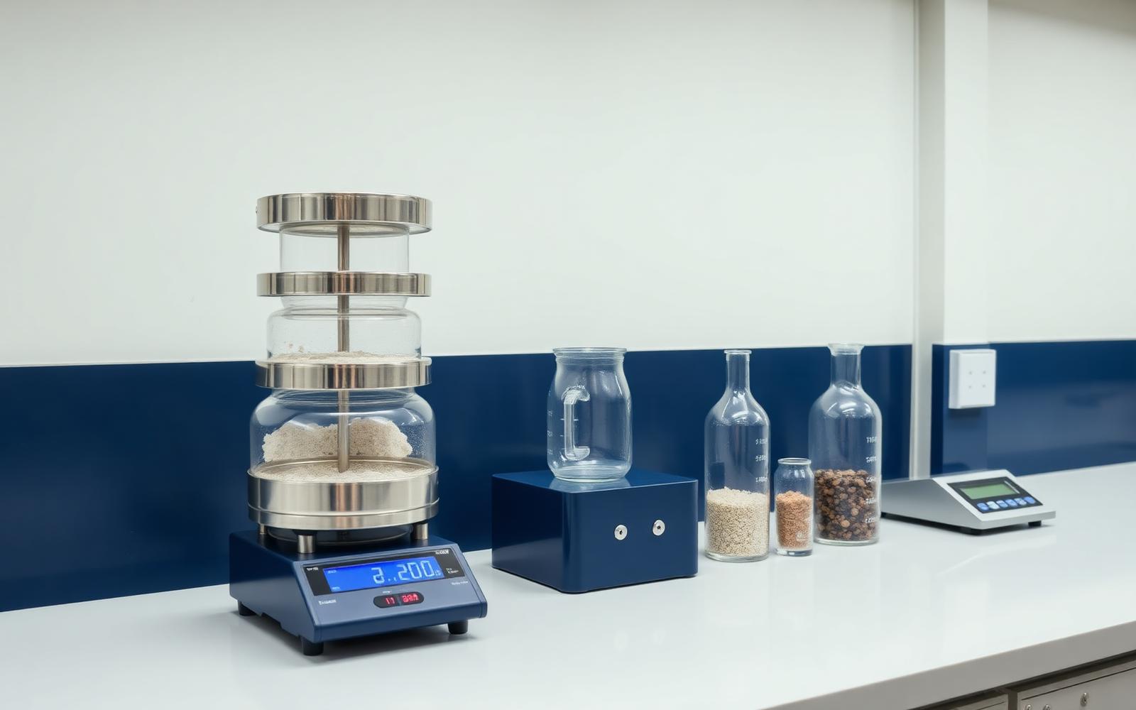 Laboratory bench with sieve stack, balance and mineral samples